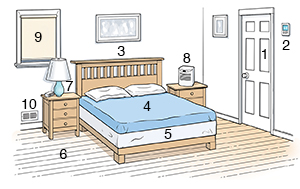 Bedroom scene showing ways to reduce allergens.